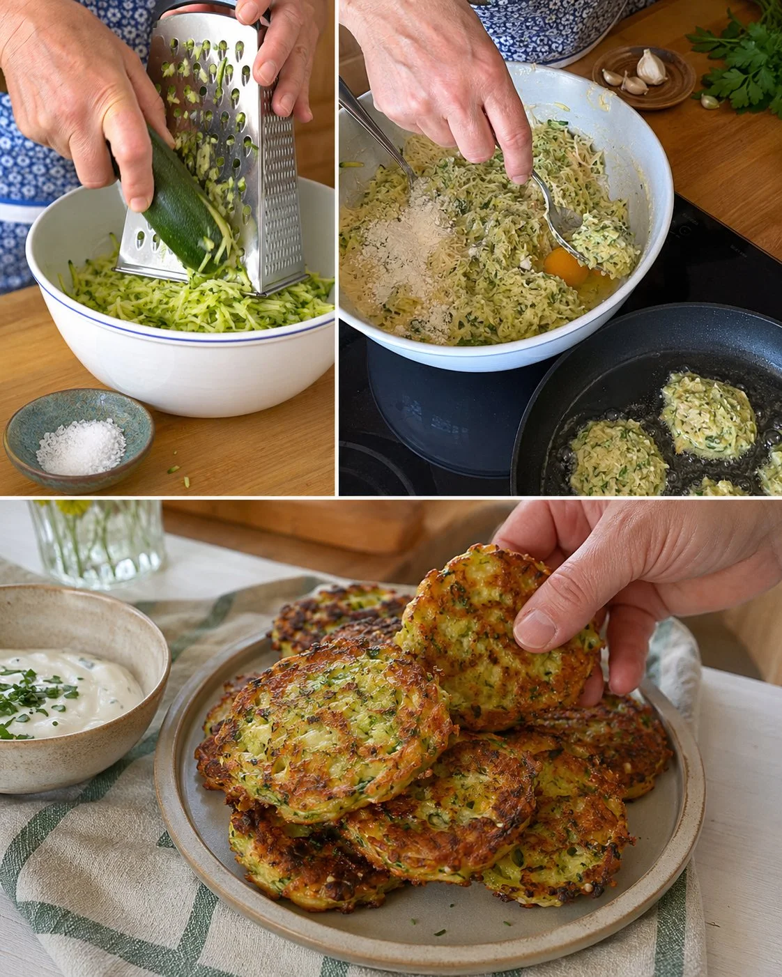 Knusprige Zucchini-Käse-Taler aus der Pfanne auf einem Teller serviert