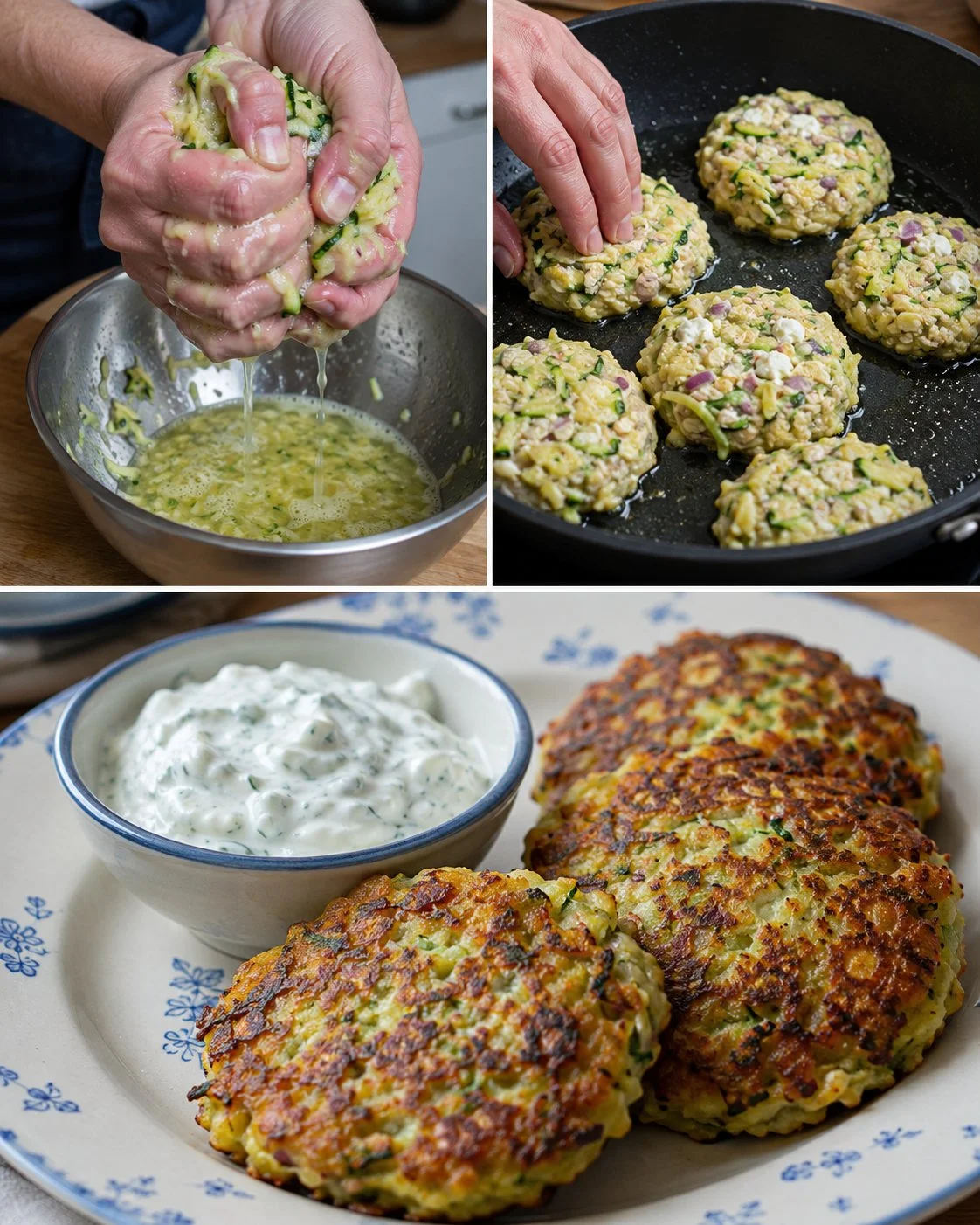 Knusprige Zucchinipuffer serviert mit Kartoffel und Kräuterquark auf einem Teller