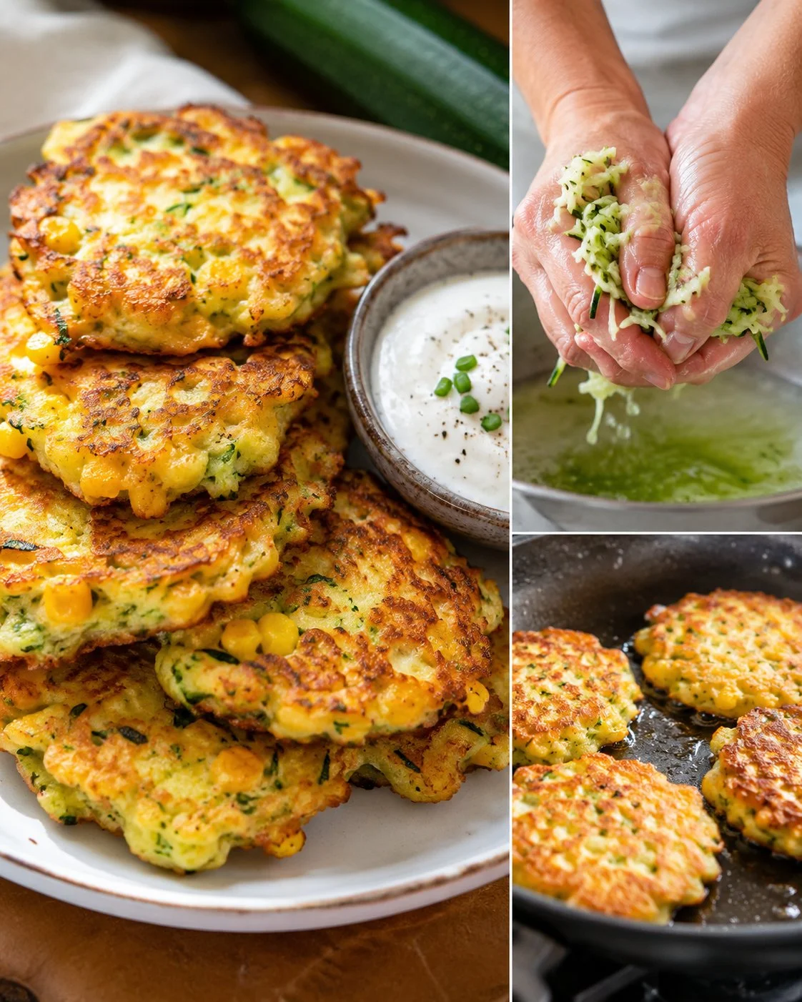 Knusprige Zucchinipuffer mit Mais und Käse auf einem Teller serviert