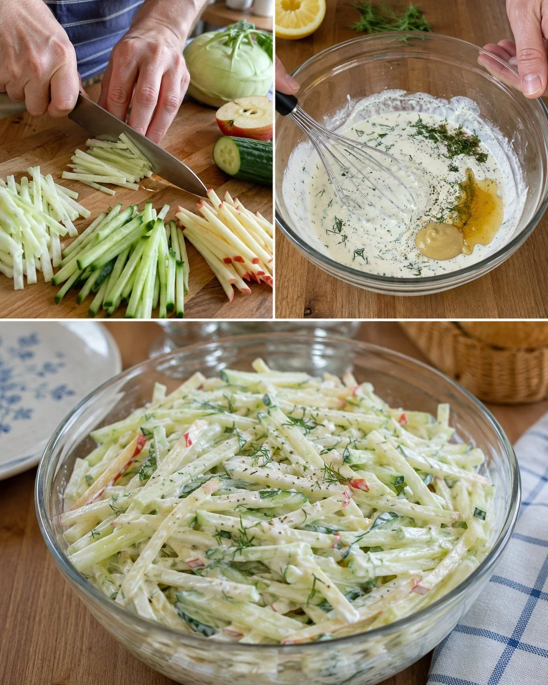 Kohlrabi-Apfel-Salat mit Zitronen-Dill-Creme auf einem Teller angerichtet