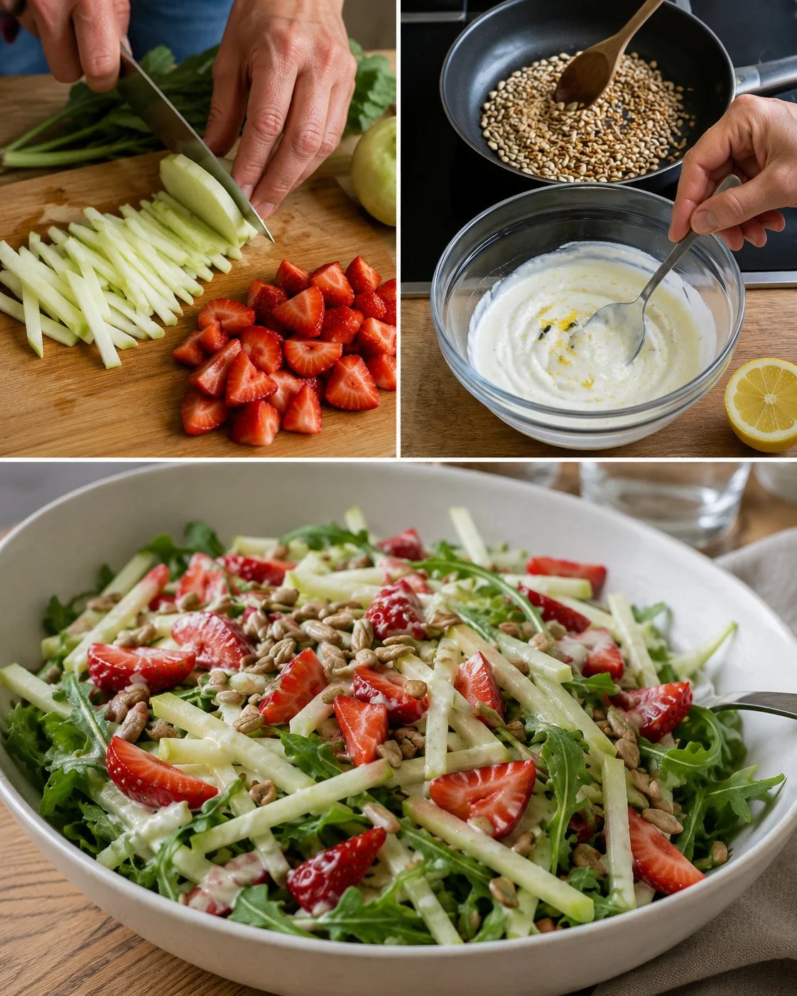 Kohlrabi-Erdbeer-Salat mit Sonnenblumenkernen in einer bunten Schüssel.