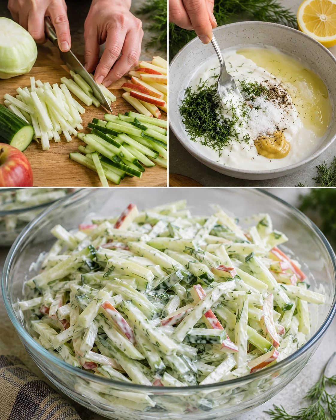 Kohlrabi-Gurken-Salat mit Apfel und Dillcreme in einer Schüssel