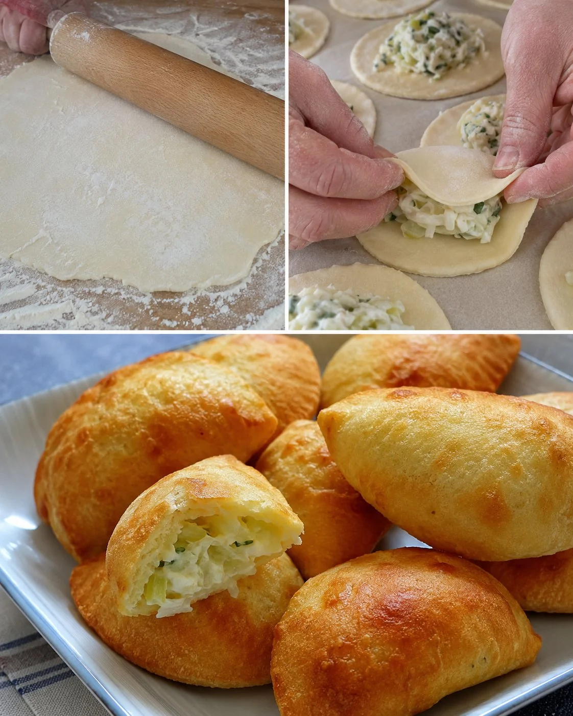 Kohlrabi-Käse-Taschen aus Quark-Öl-Teig auf einem Holzbrett
