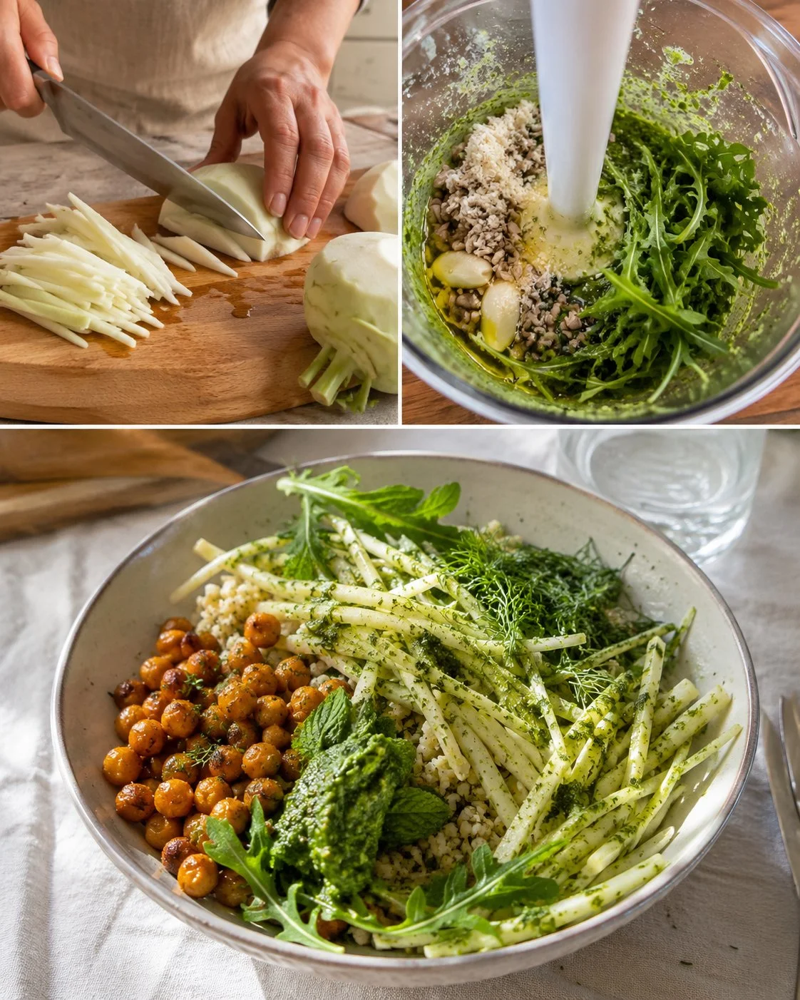 Kohlrabi-Kichererbsen-Bowl mit Rucola-Pesto auf einem Teller