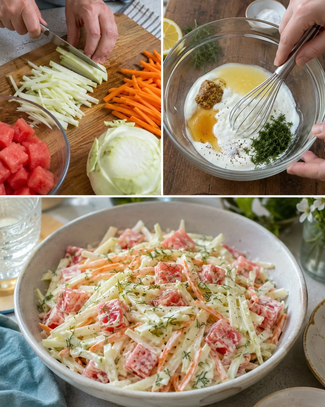 Erfrischendes Kohlrabi-Melonen-Slaw mit Joghurtdressing auf einem Teller