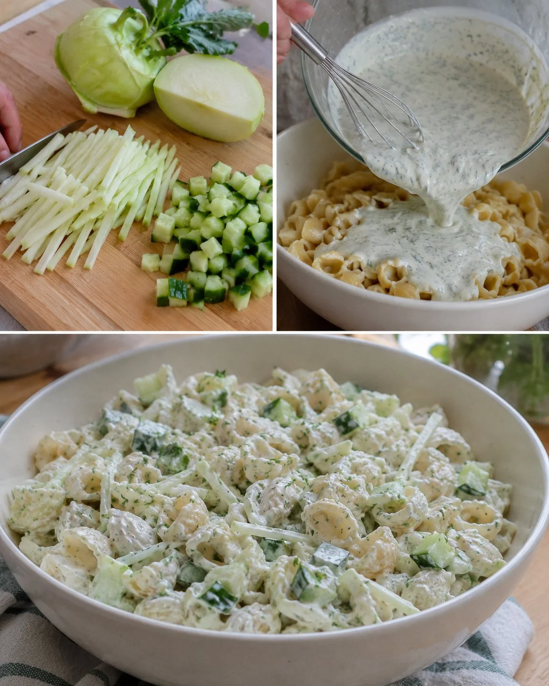 Kohlrabi-Nudelsalat mit Dill-Joghurt auf einem Teller angerichtet