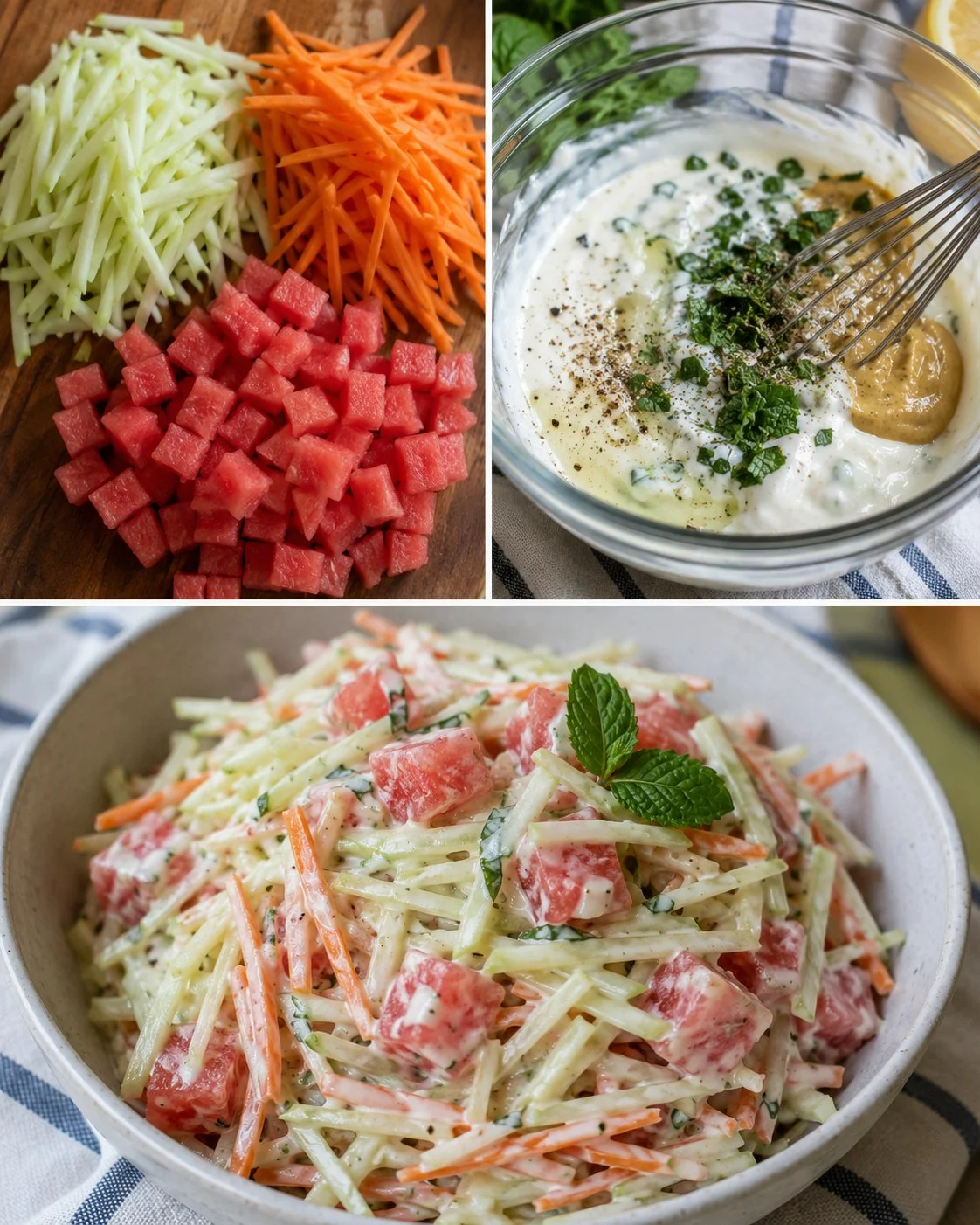 Kohlrabi-Slaw mit Melone und Joghurtdressing in einer Schüssel serviert