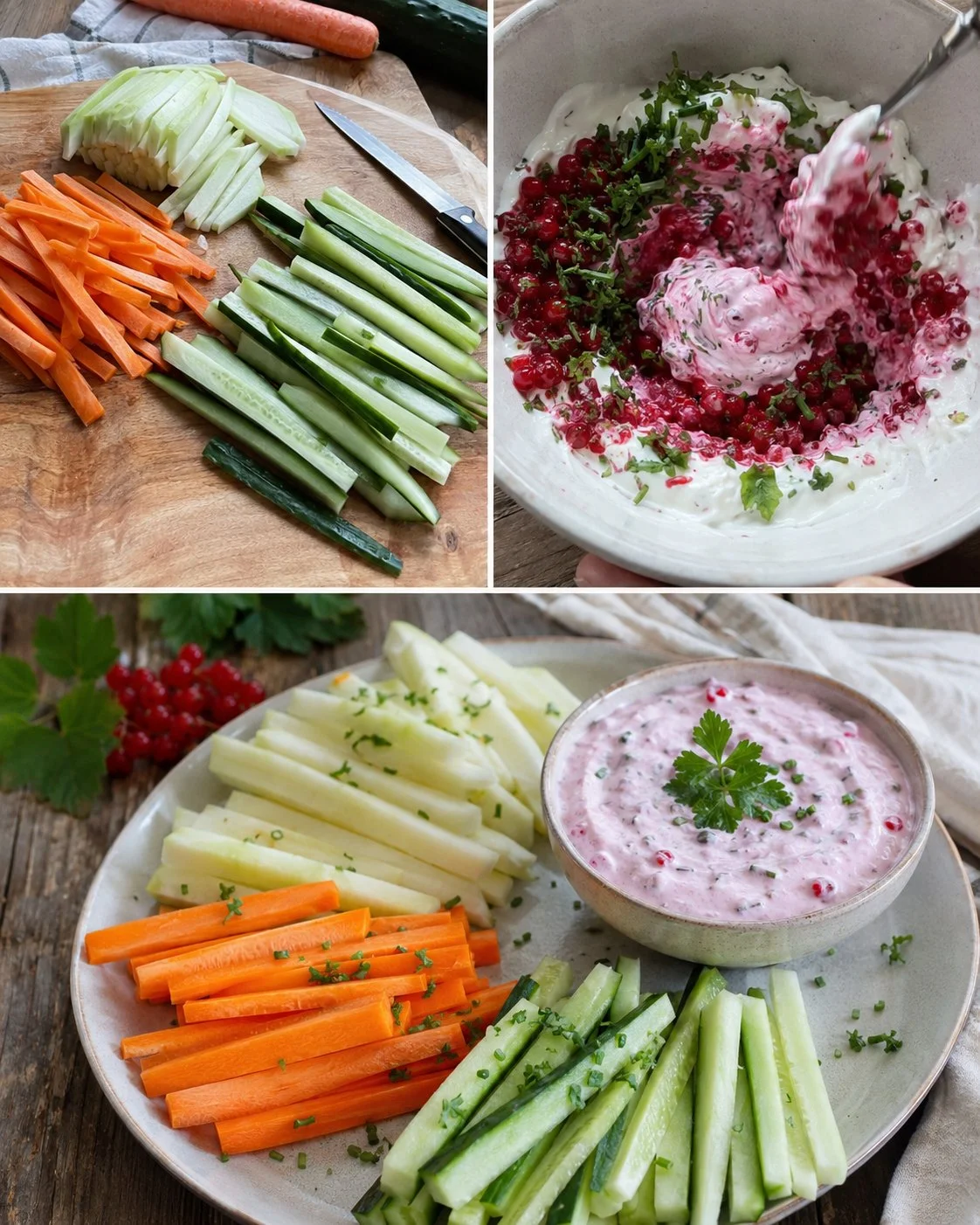 Kohlrabi-Sticks mit Johannisbeer-Quark-Dip auf einem Teller serviert