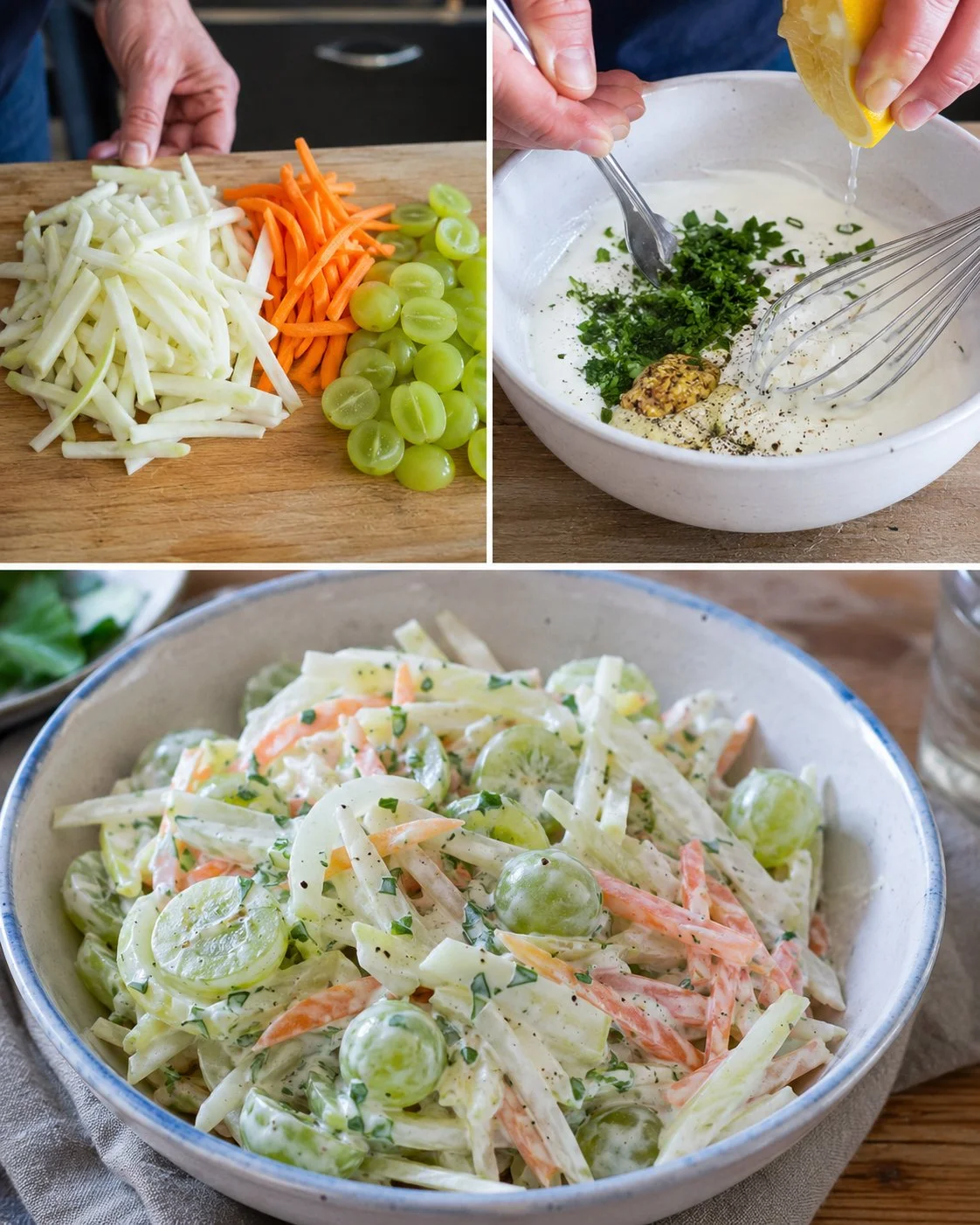 Kohlrabi-Trauben-Salat mit Kräuterjoghurt auf einem Teller