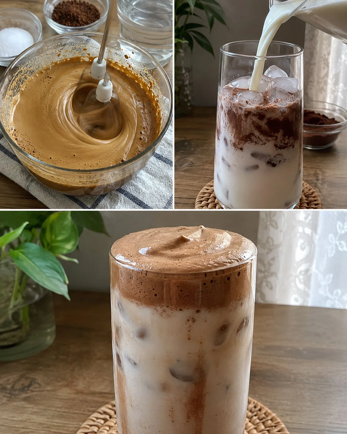 Kokos-Frappé mit Schoko-Kaffee-Schaum in einem Glas