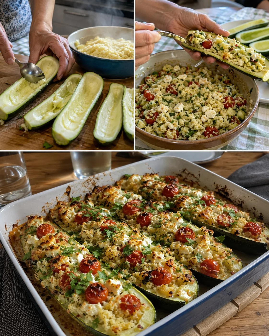 Gefüllte Zucchini mit Couscous, Tomaten und Feta auf einem Teller