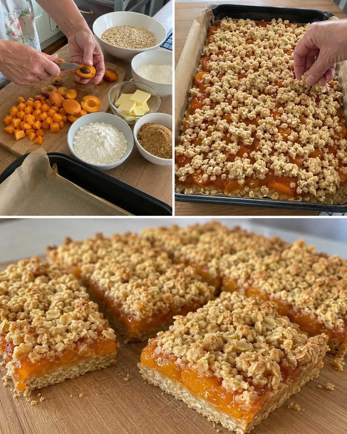 Leckere Marillen-Crumble-Riegel mit Haferflocken auf einem weißen Teller