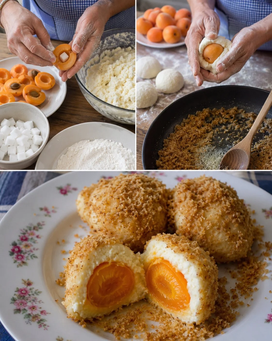 Marillenknödel aus Topfenteig auf einem Teller, servierbereit für Genuss