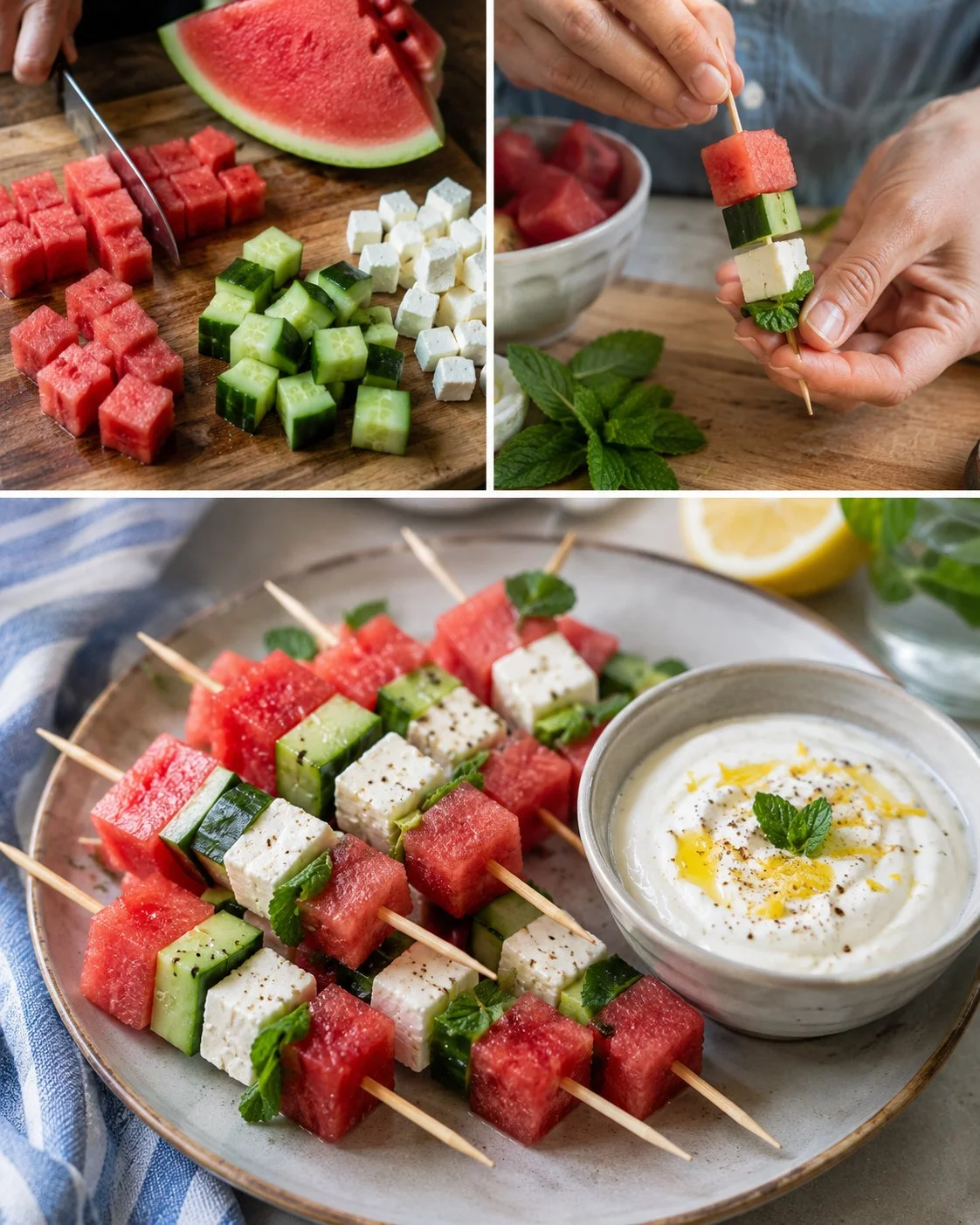 Melonen-Feta-Gurken-Spieße mit Zitronen-Dip auf einem Teller