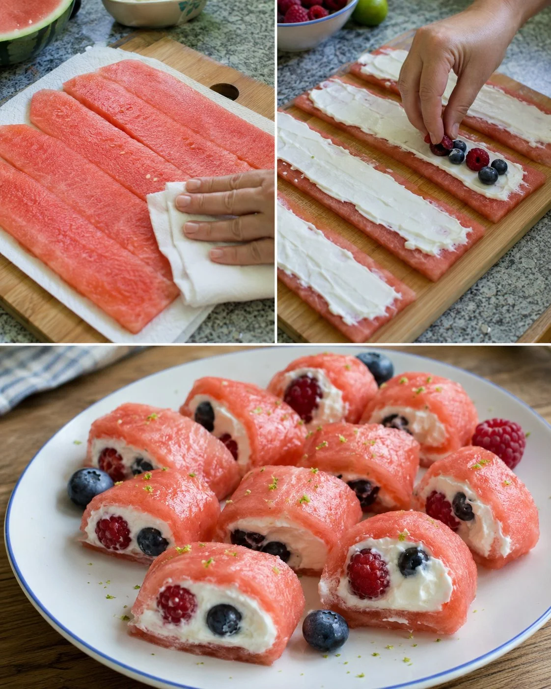 Leckere Melonen-Frischkäse-Röllchen mit Beerenkern auf einem Teller
