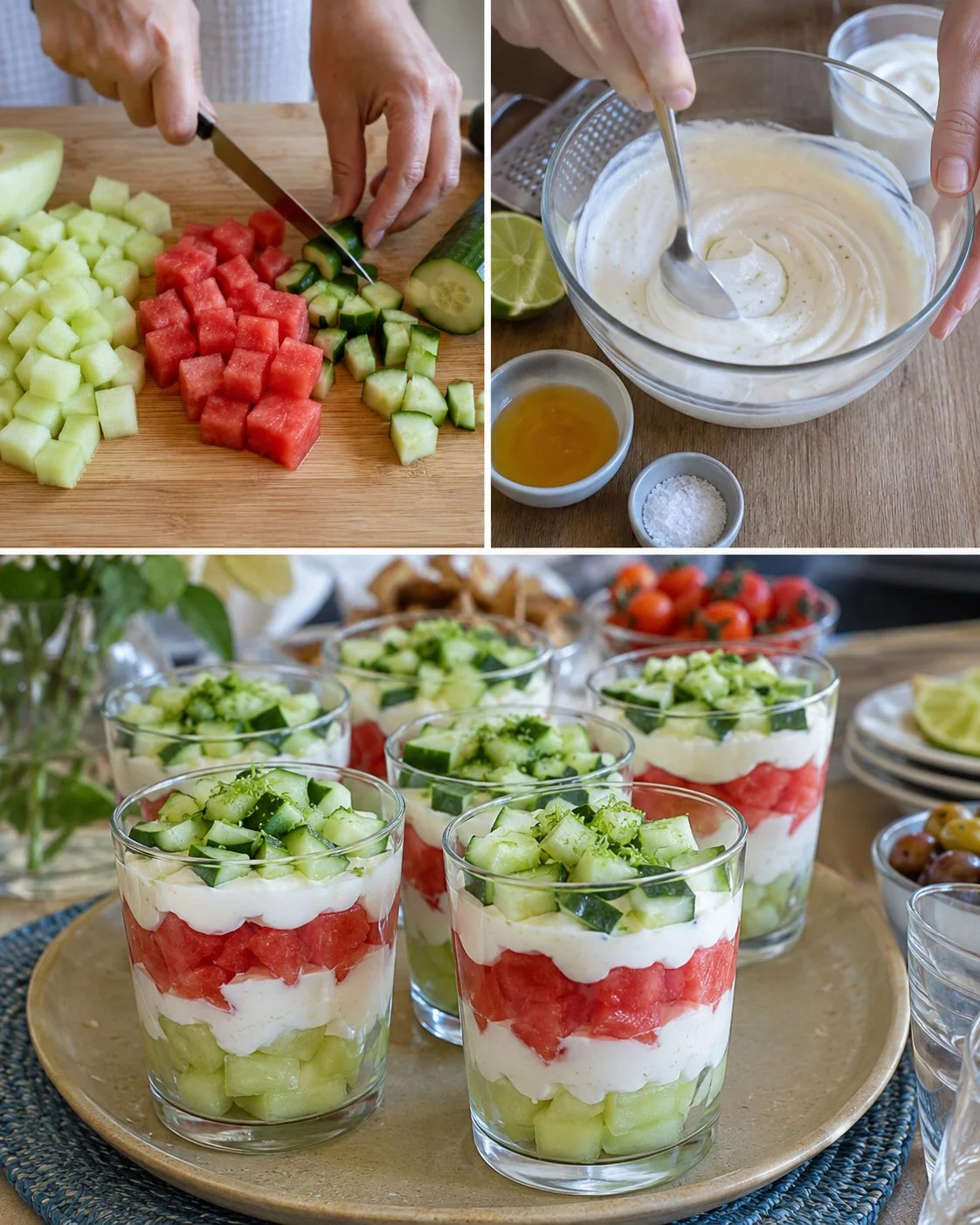 Melonen-Gurken-Gläser mit Limettenquark serviert in dekorativer Glaspräsentation.