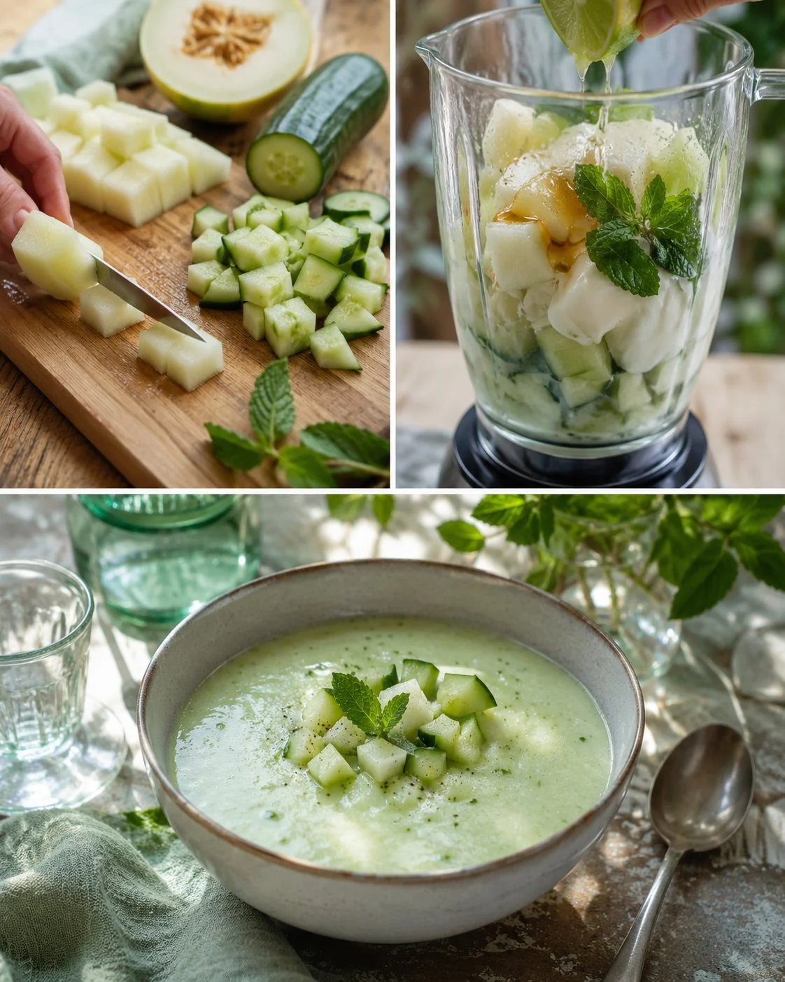 Erfrischende Melonen-Gurken-Kaltschale mit Joghurt in einer Schüssel