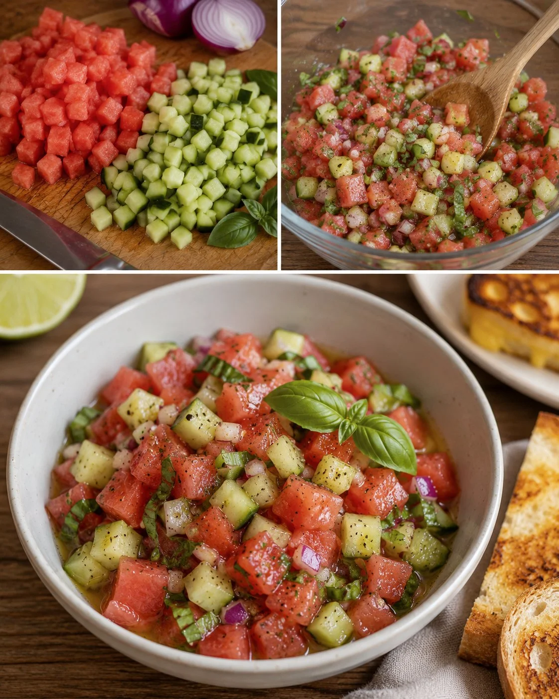 Erfrischende Melonen-Salsa mit Gurke und Basilikum für leckere Sommerrezepte.