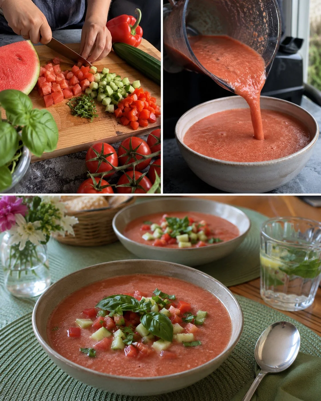 Melonen-Tomaten-Kaltschale garniert mit frischem Basilikum