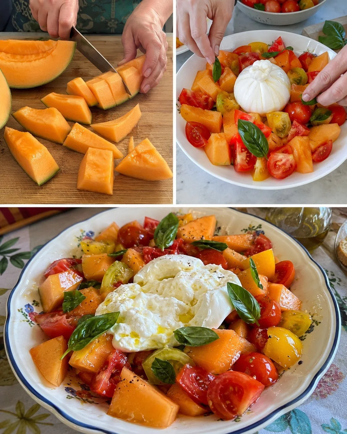 Melonensalat mit Tomaten und Burrata serviert auf einem eleganten Teller.