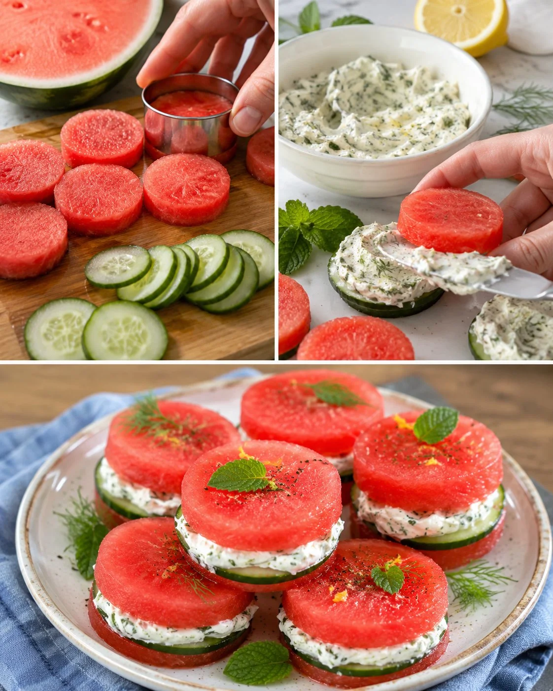 Mini-Melonen-Burger mit Frischkäse und Gurke als erfrischender Snack
