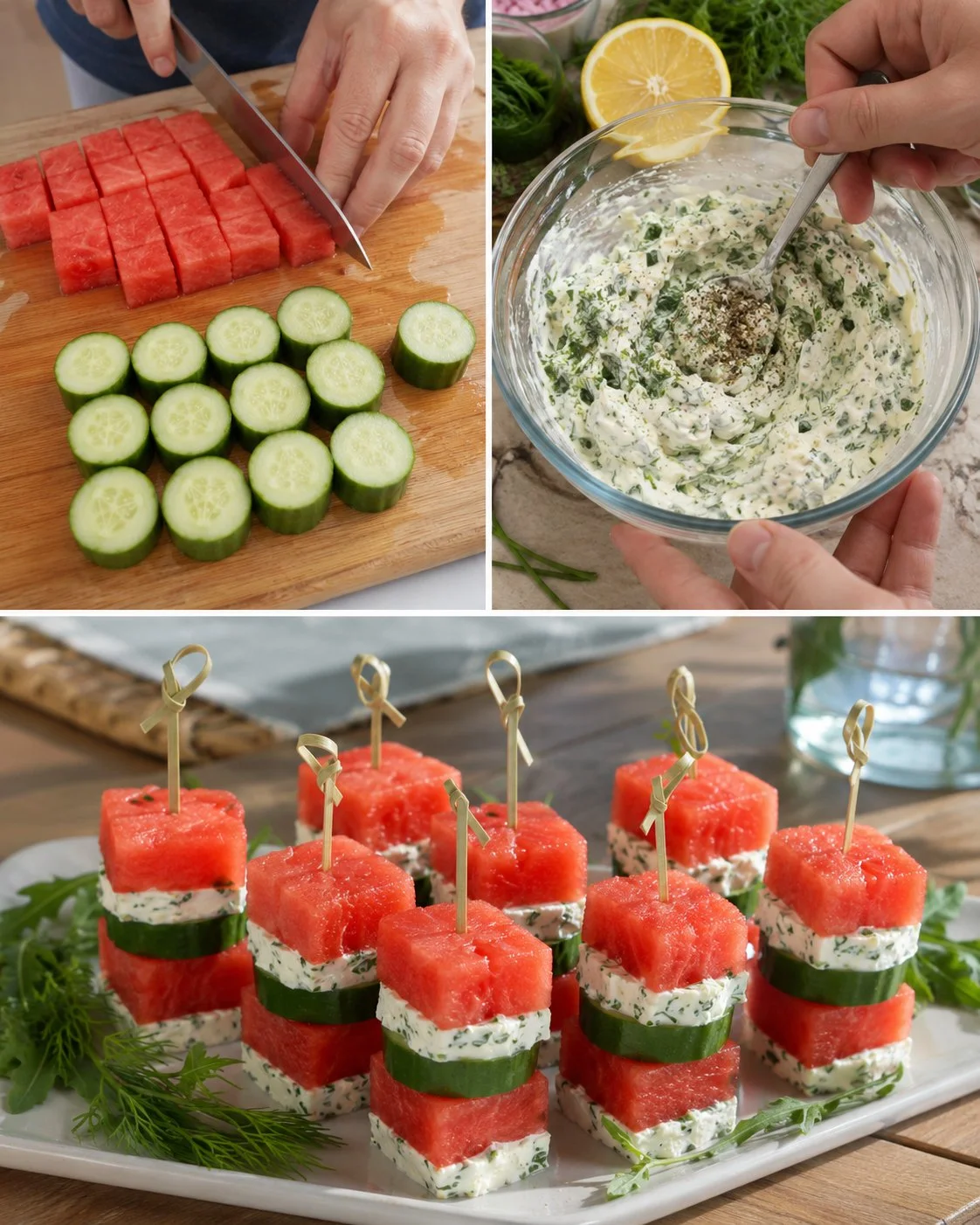 Mini-Melonen-Türmchen mit Kräuterfrischkäse auf einem weißen Teller