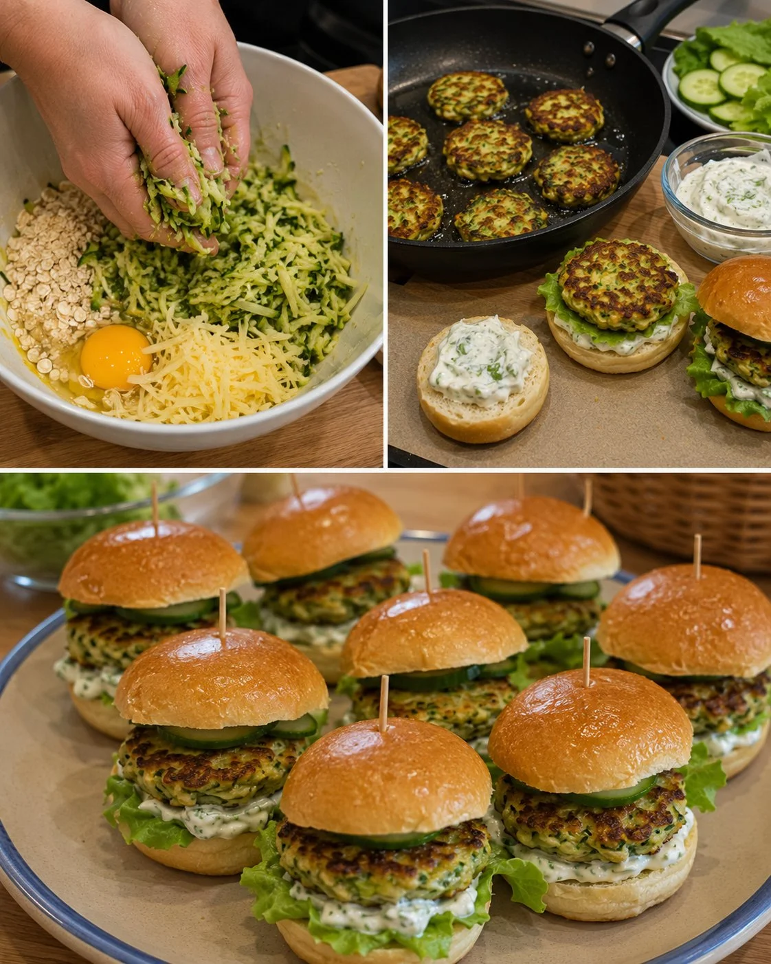 Mini-Zucchinipuffer-Burger mit Kräutercreme auf einem Teller