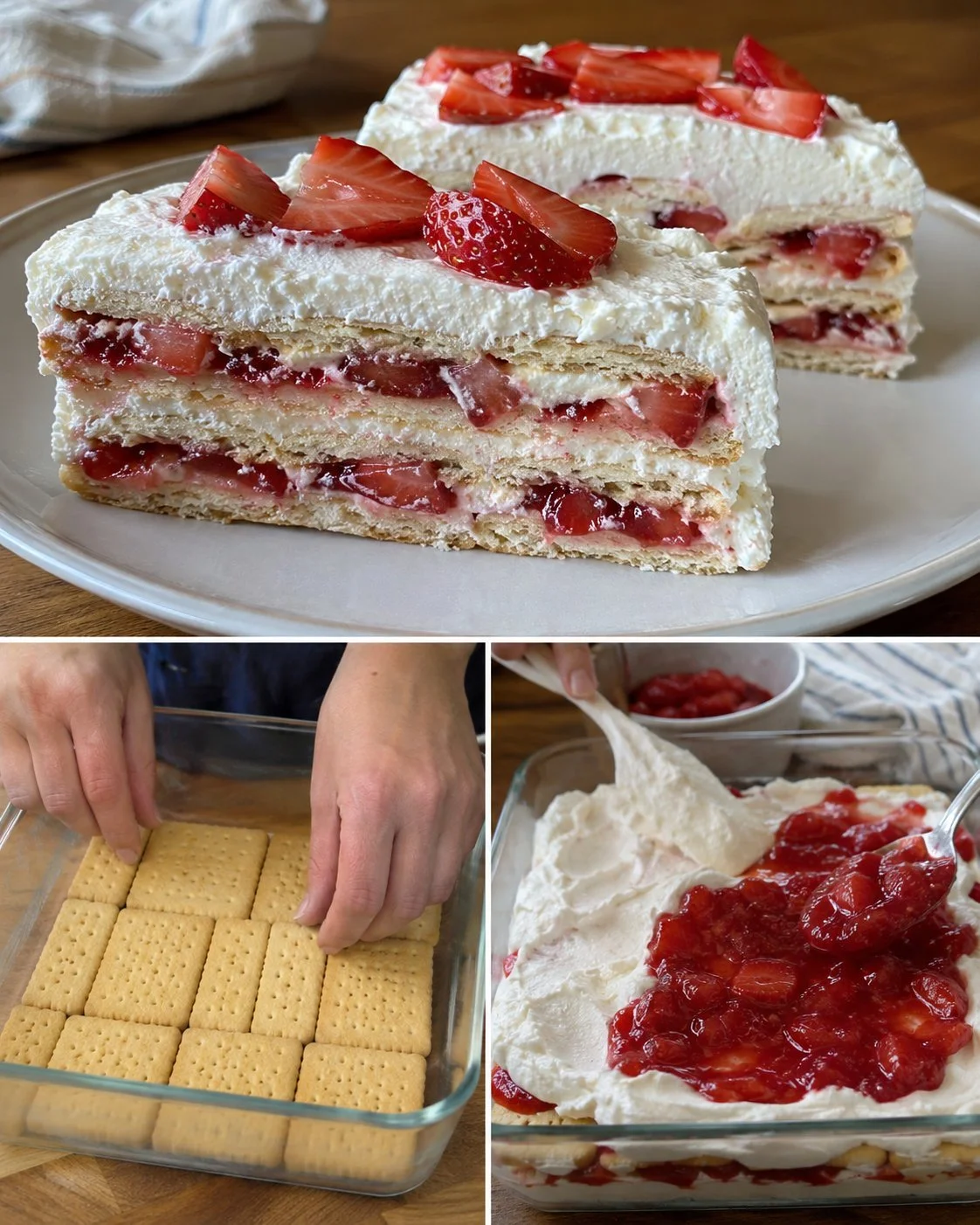 No-Bake Strawberry Shortbread Icebox Cake mit frischen Erdbeeren und Keksen
