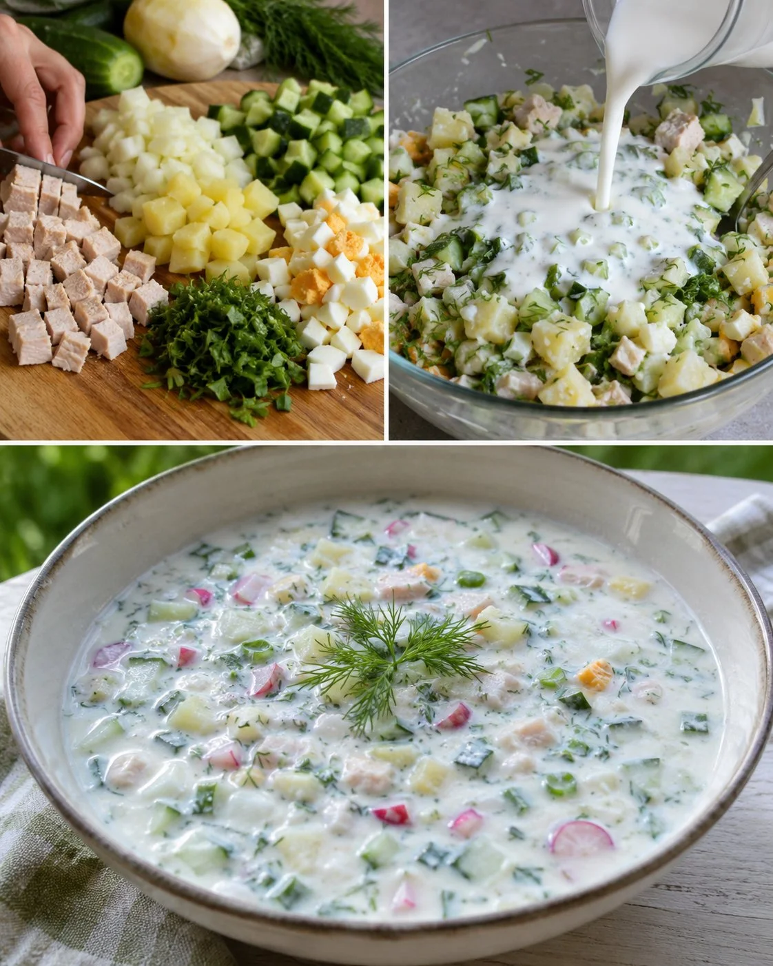 Schüssel mit Okroschka, Kohlrabi und Hähnchen, erfrischende Sommer-Suppe