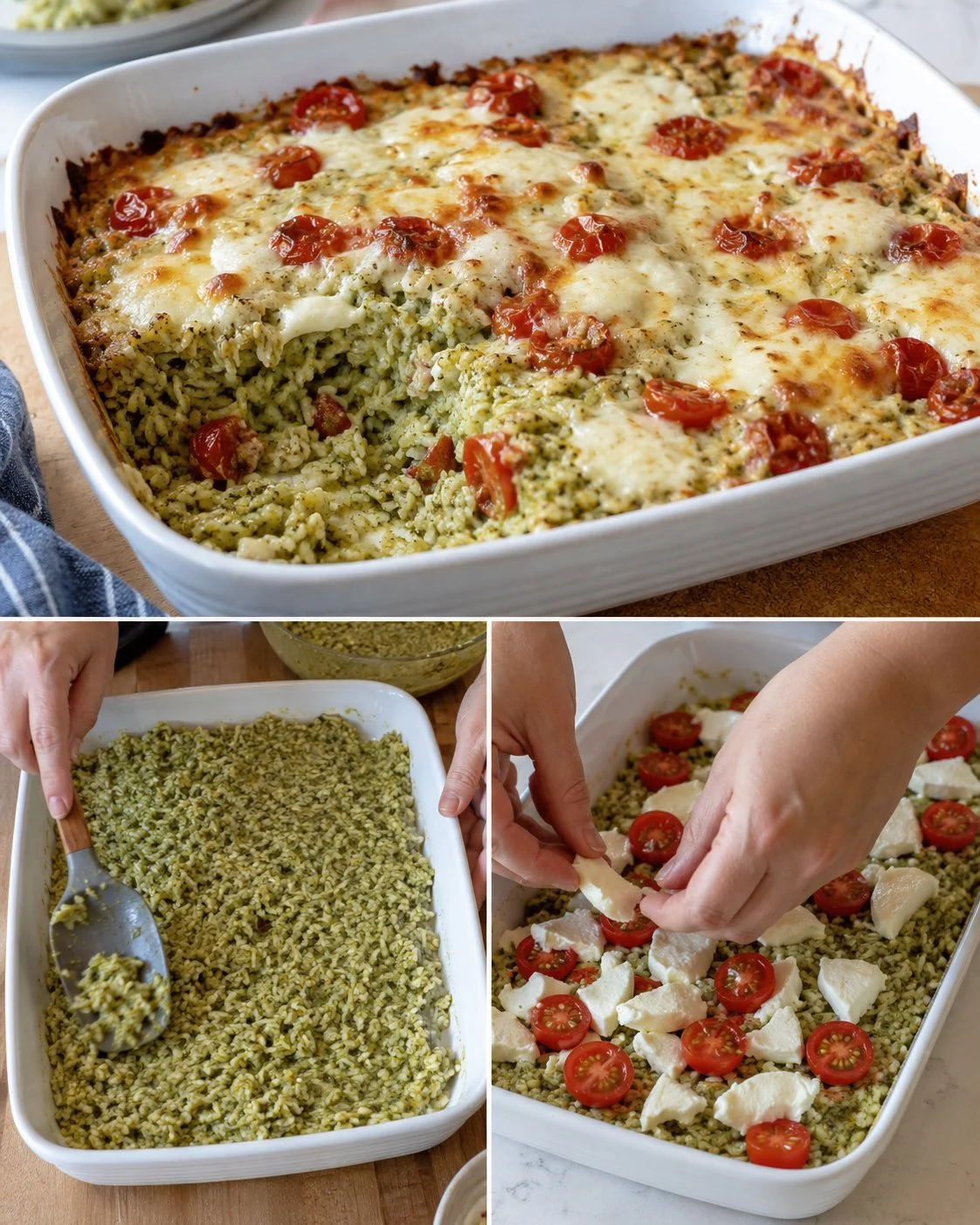 Pesto Reis Auflauf mit frischen Tomaten und Mozzarella überbacken