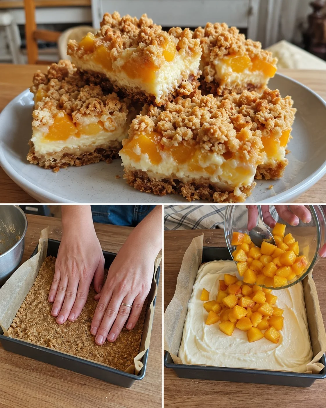 Pfirsich-Cobbler Käsekuchen Krümelriegel auf einem Teller