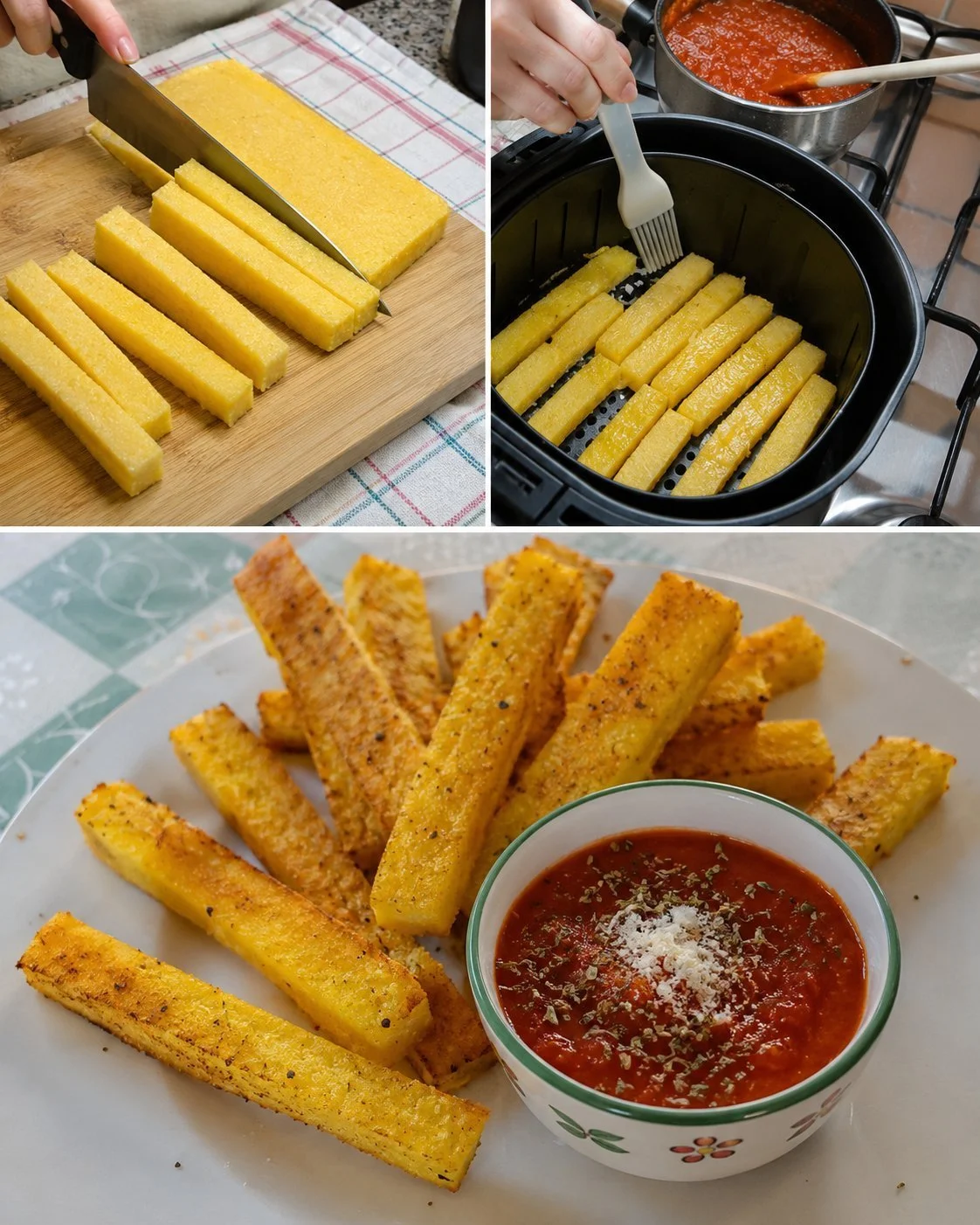 Leckere Polenta-Stäbchen mit Tomatencreme auf einem Teller serviert.