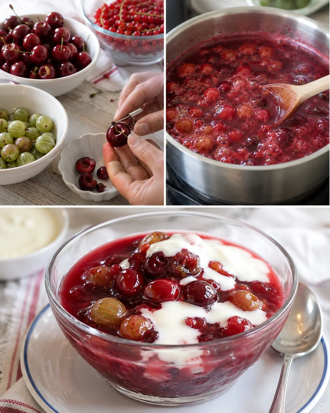 Rote Grütze aus frischen Stachelbeeren und Kirschen serviert in einer Schüssel.