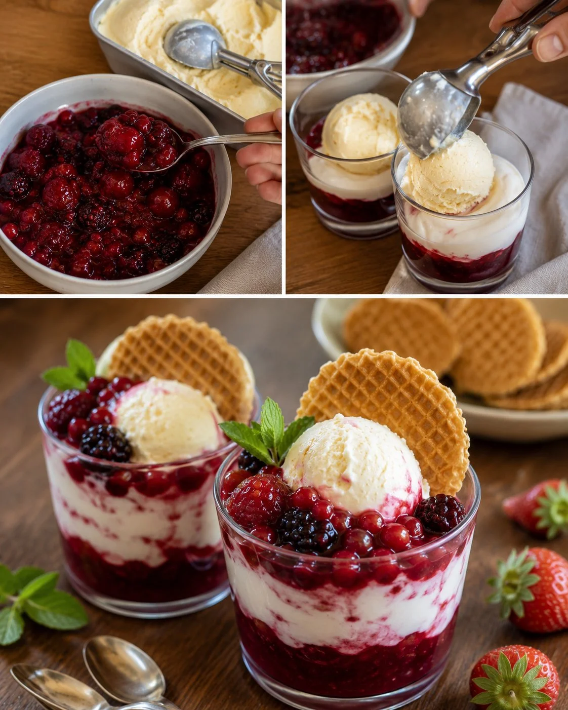 Rote-Grütze-Eisbecher mit Knusperwaffeln dekoriert