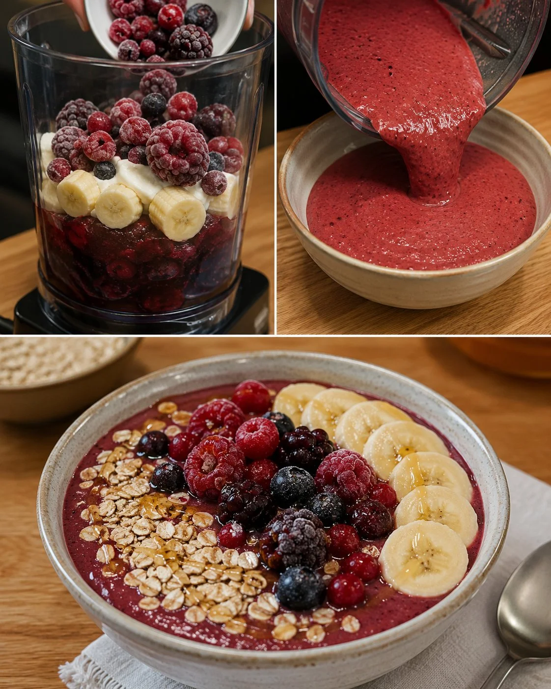 Rote Grütze Smoothie-Bowl mit frischen Beeren und Nüssen für einen gesunden Snack