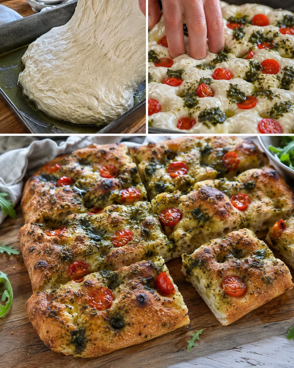Rucola-Pesto-Focaccia mit Tomaten, frisch gebacken und lecker.