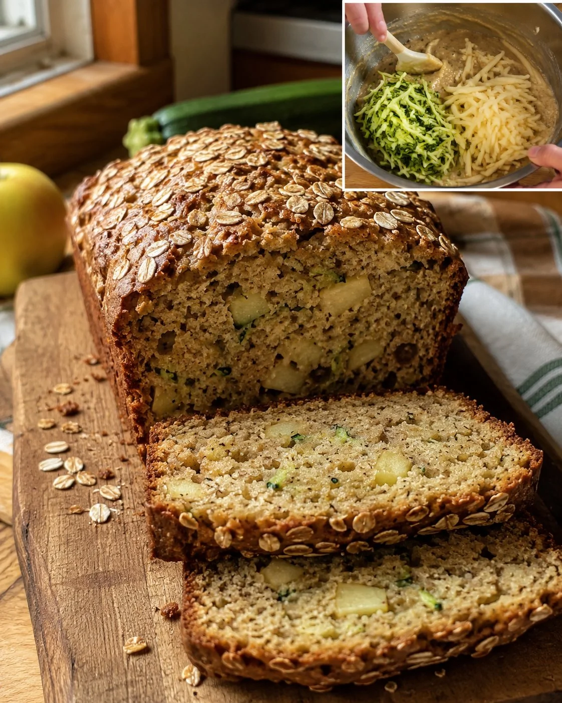 Saftiges Zucchini-Apfel-Brot mit Haferkruste auf einem Holzbrett