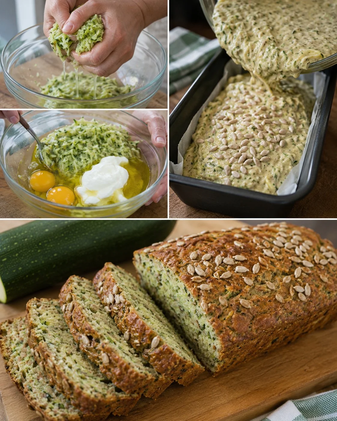 Saftiges Zucchini-Brot mit Joghurt und Sonnenblumenkernen auf einem Tisch serviert.