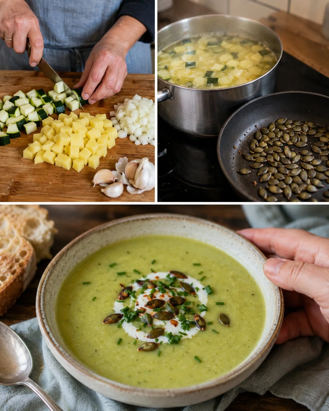 Schnelle Zucchini-Erdäpfel-Suppe mit gerösteten Kernen in einer Schüssel
