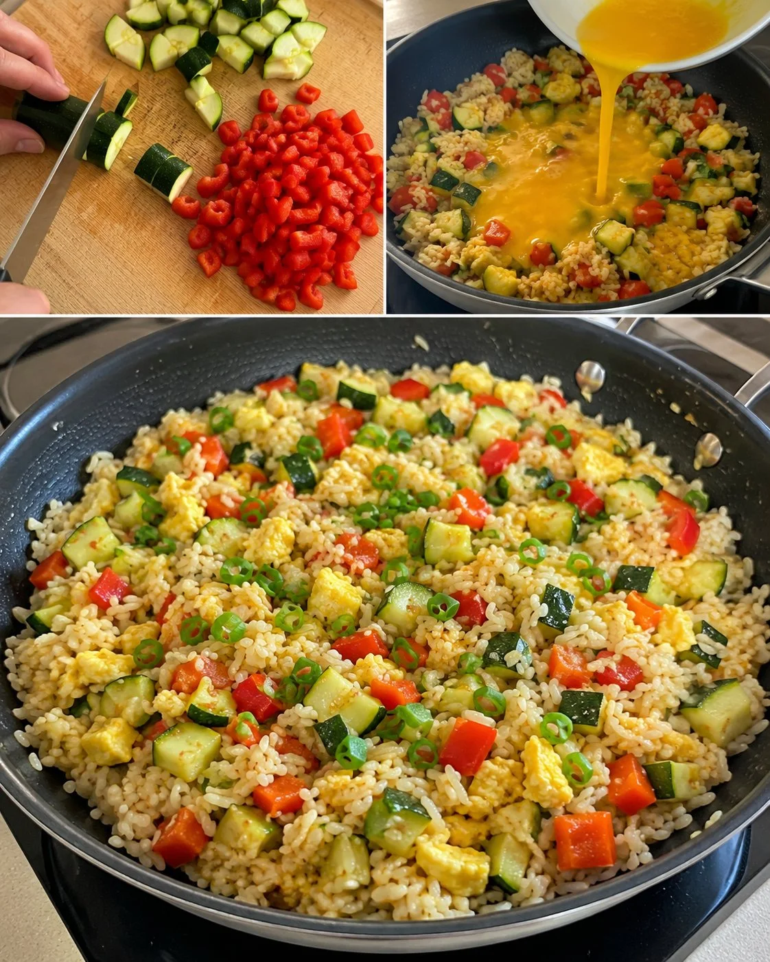 Schnelle Zucchini-Reis-Pfanne mit Ei, serviert in einer Schüssel