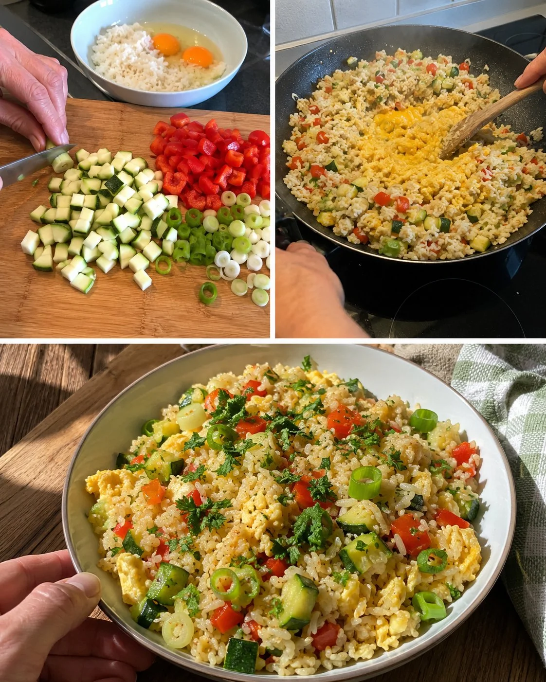 Schnelle Zucchini-Reis-Pfanne mit Paprika und Ei in einer Pfanne