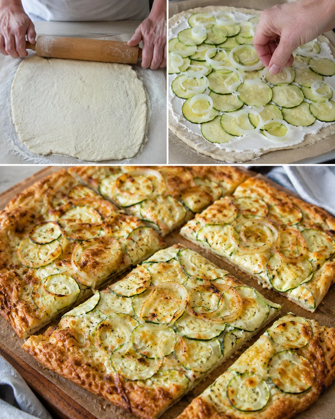 Schneller Zucchini-Fladen mit Quark-Öl-Teig auf einem Teller serviert.