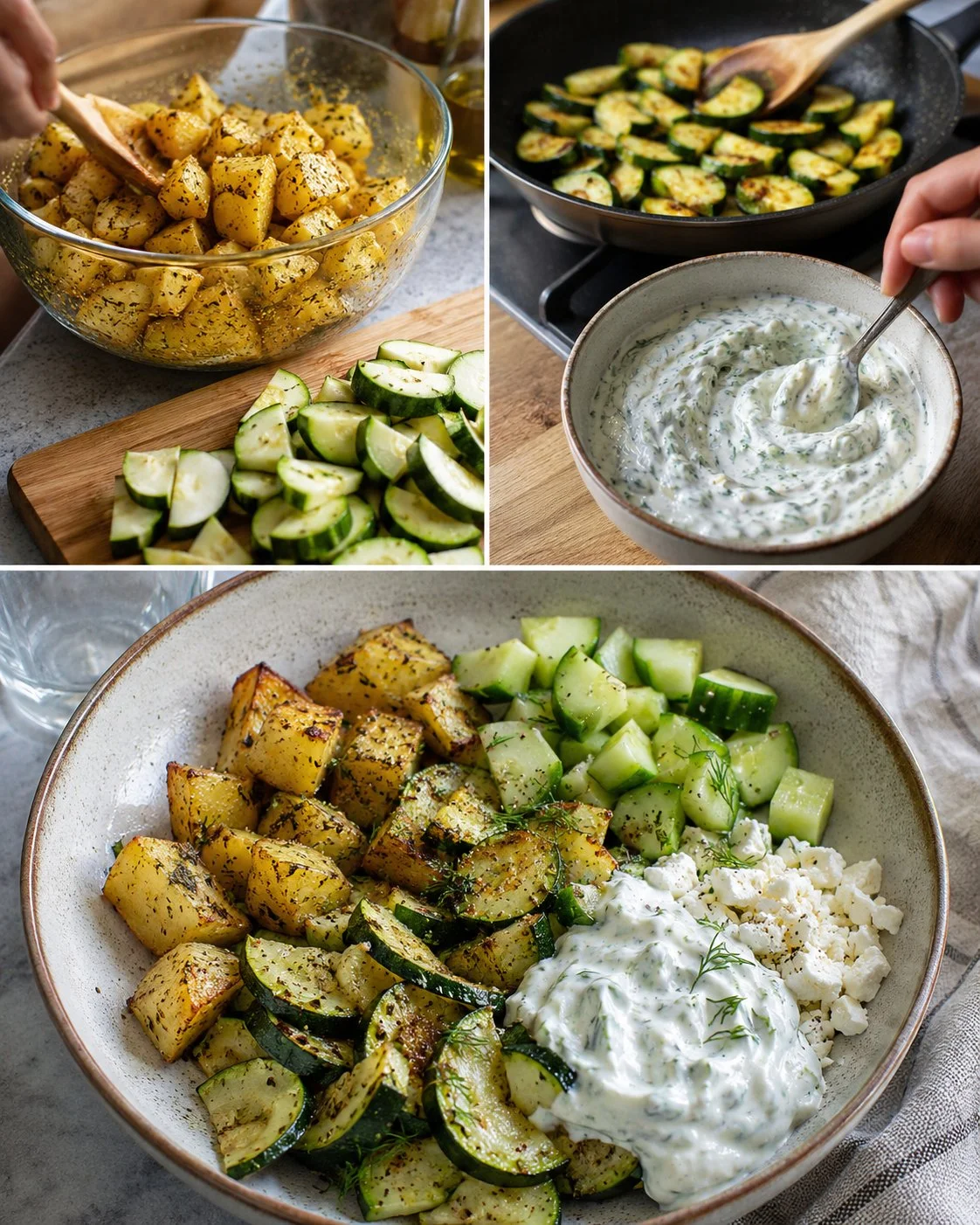 Sommer-Dinner-Bowl mit Zucchini, Kartoffeln und Joghurtsauce serviert in einer bunten Schüssel