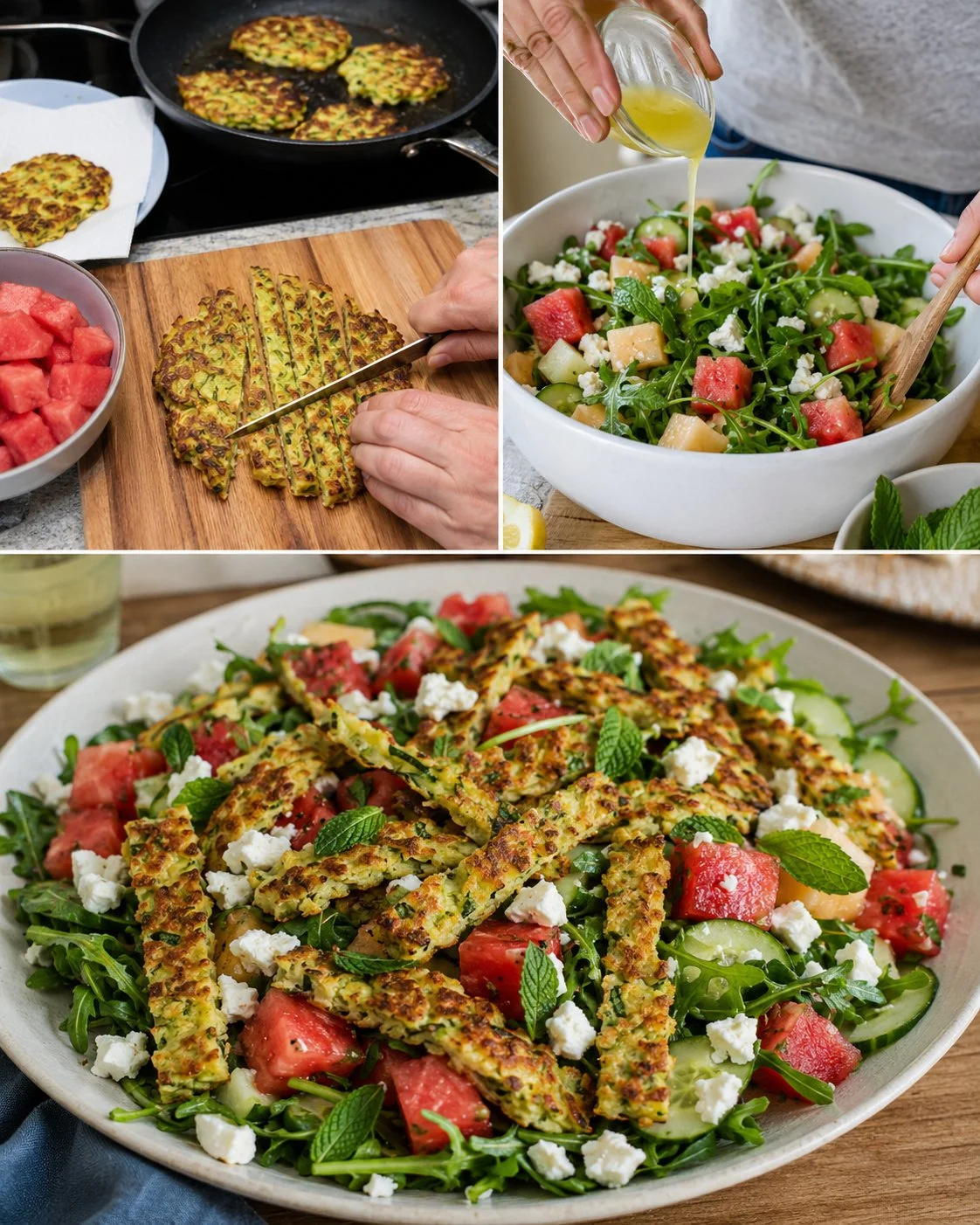 Leckerer Sommer-Salat mit Zucchinipuffer-Streifen und Melone