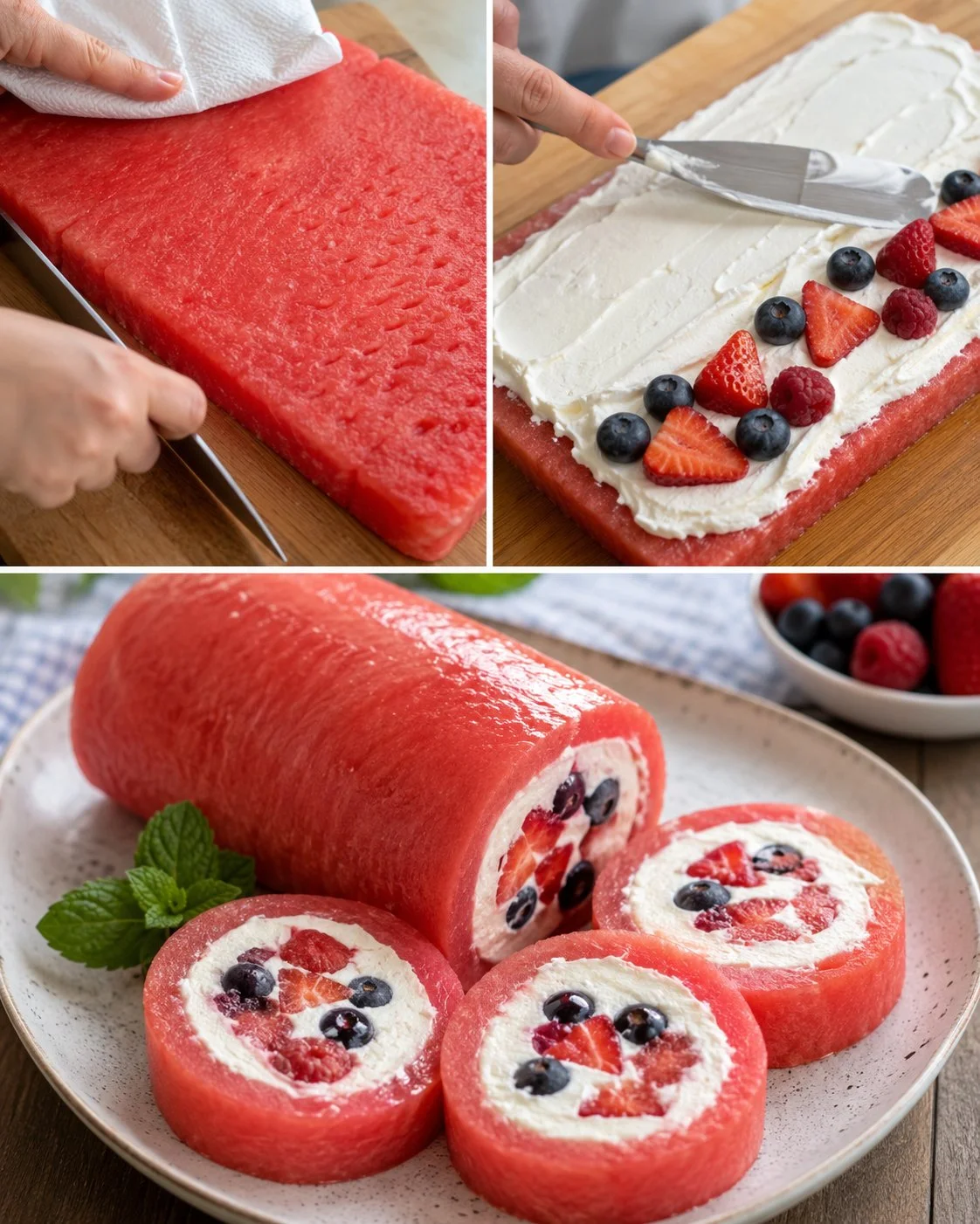 Sommerliche Melonen-Frischkäse-Rolle mit Beerenfüllung auf einem Teller angerichtet