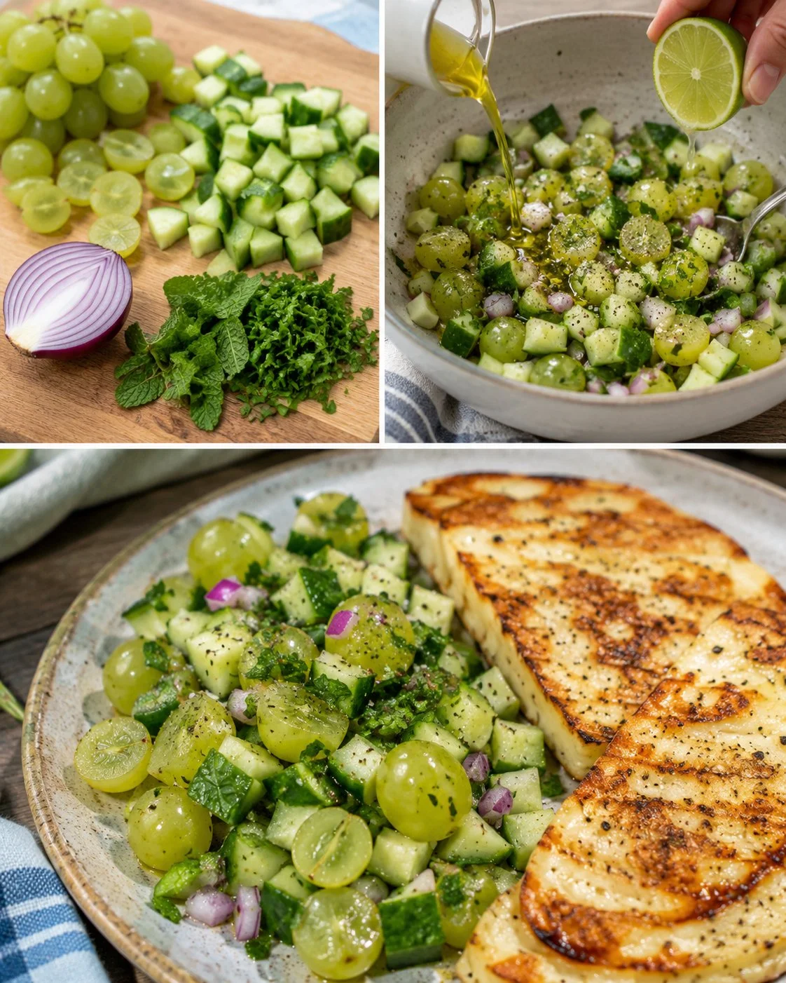 Sommerliche Trauben-Gurken-Salsa serviert mit Grillkäse