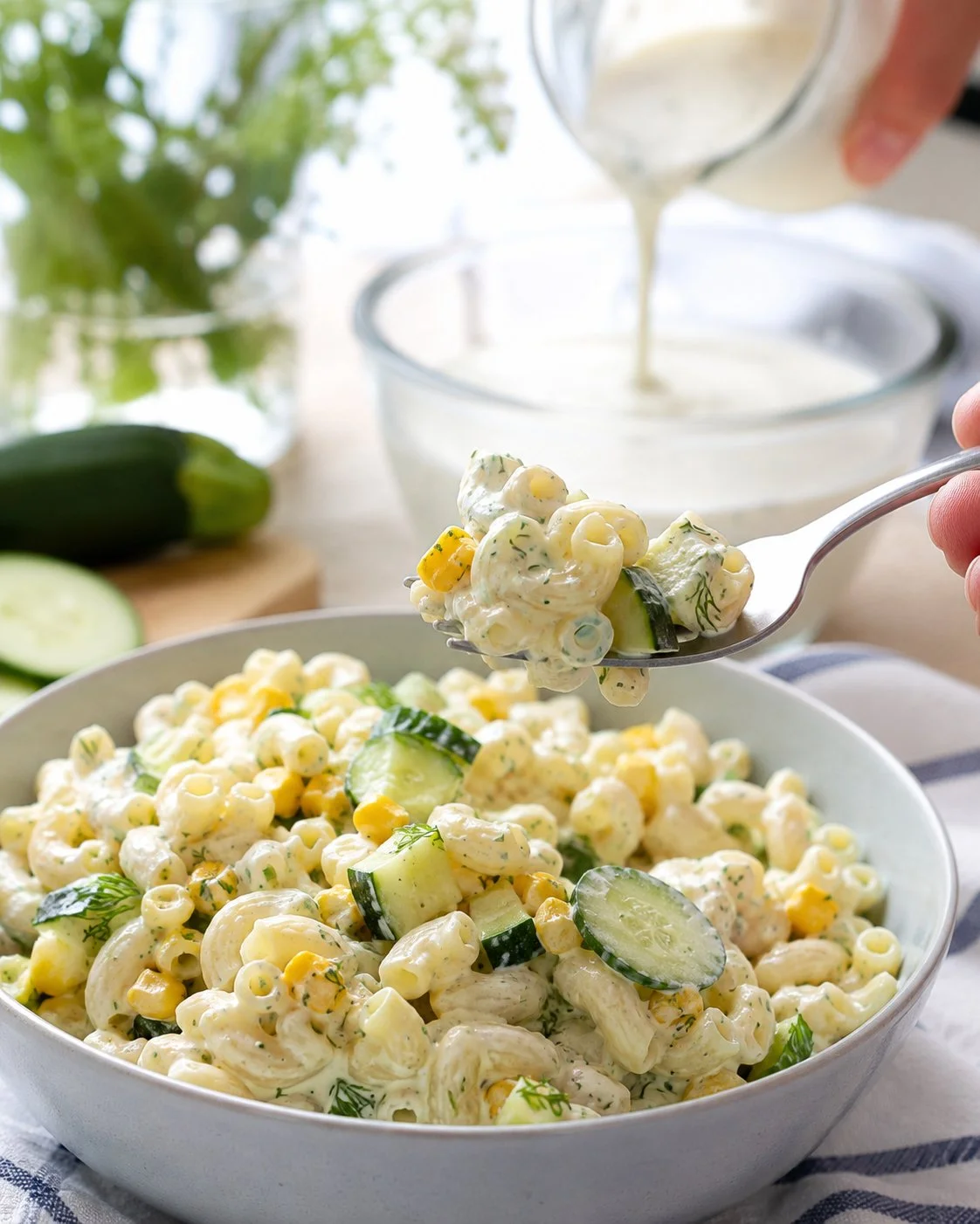 Sommerlicher Gurken-Macaroni-Salat mit frischen Zucchiniwürfeln
