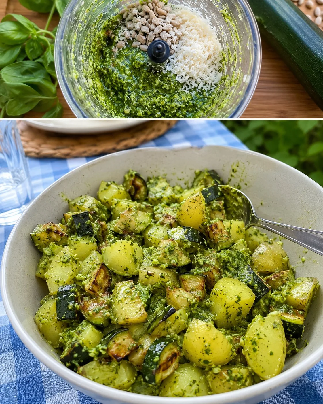 Sommerlicher Kartoffelsalat mit Zucchini-Pesto auf einem Teller