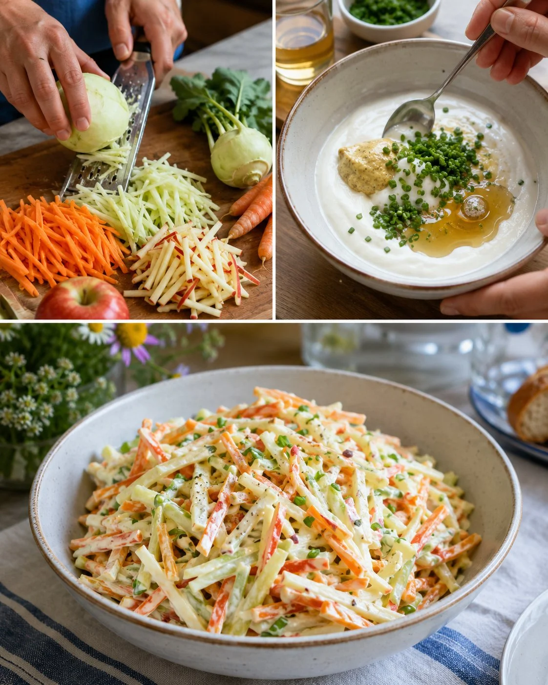 Sommerlicher Kohlrabi-Möhren-Salat mit Joghurt-Senf-Dressing auf einem Teller