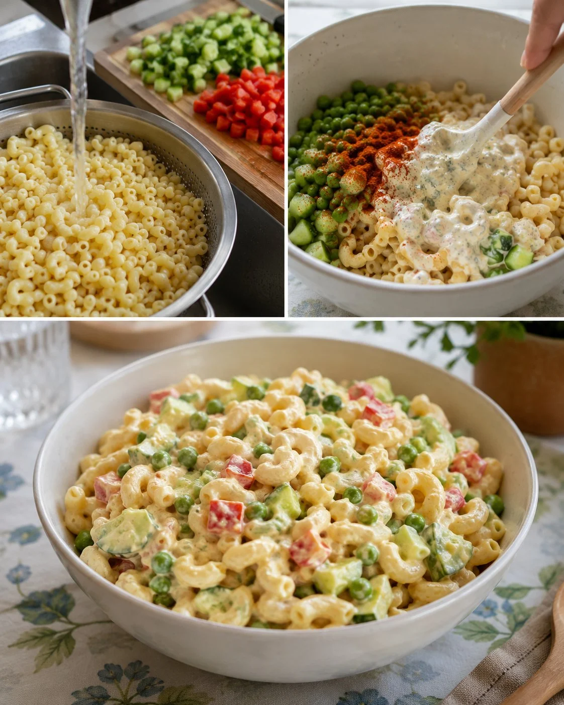 Sommerlicher Macaroni-Salat mit Joghurt, Erbsen und Gurke in einer Schüssel